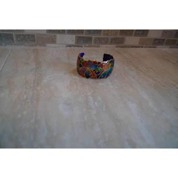 David Kuo Vintage Signed Multicolor Floral Enamel Cuff Bracelet - Picture 8 of 9